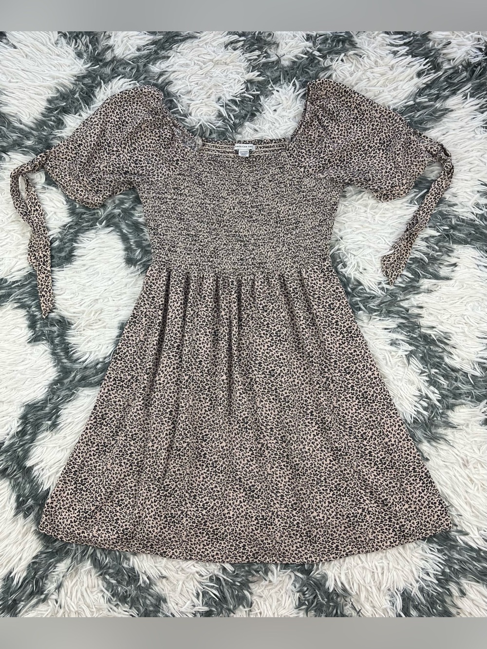 American Eagle Women’s Tie-Sleeve Smocked Mini Dress Fit Flare Leopard Size XS